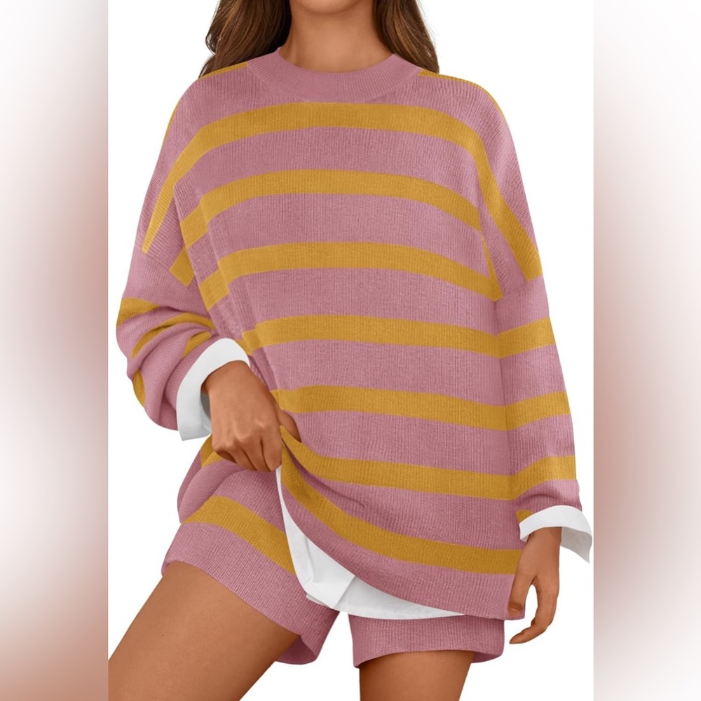 MEROKEETY 2 Piece Sweater Lounge Sets Striped Long Sleeve Shorts Oversized.